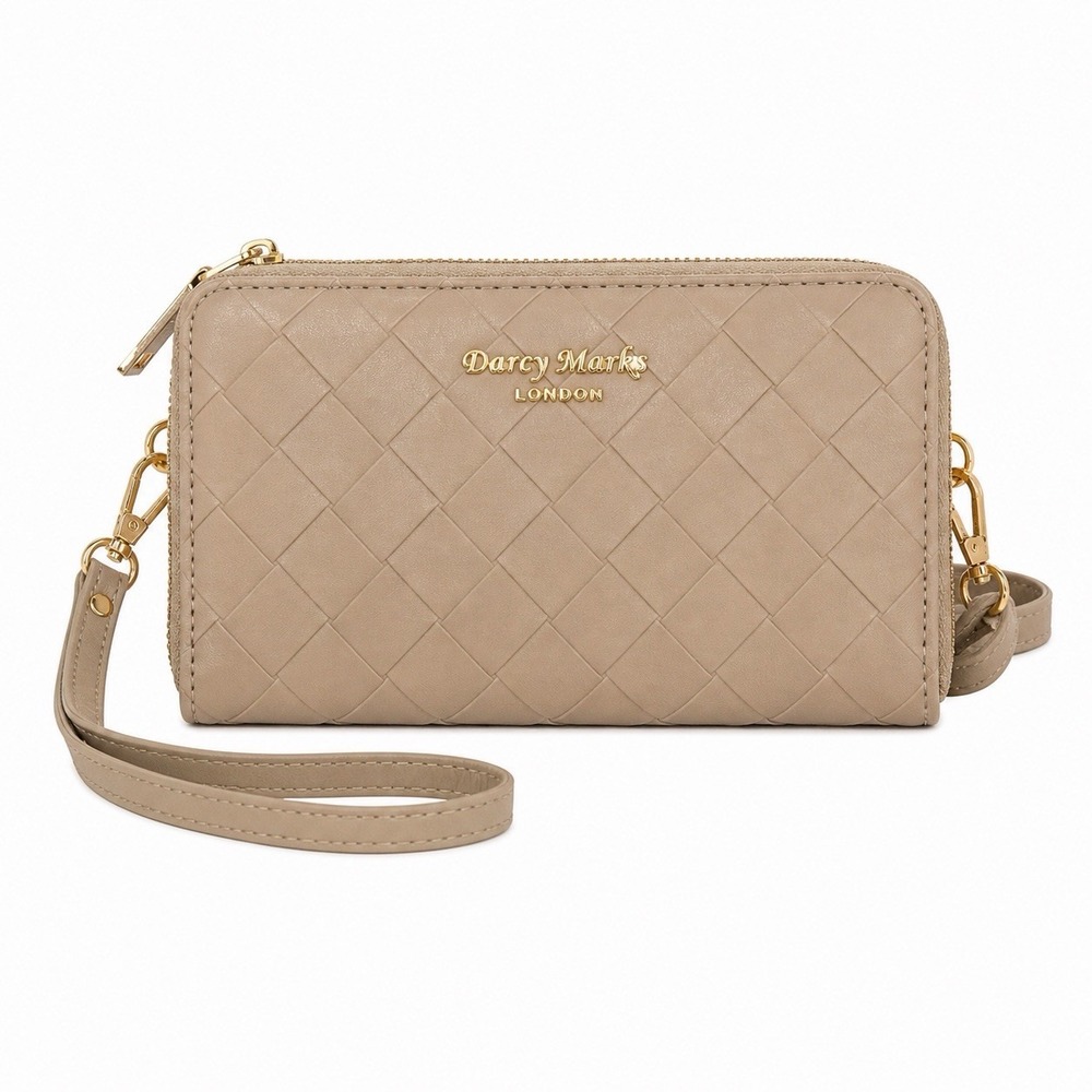 Darcy Marks London Women Beige Woven Crossbody Wallet Clutch Zip Wristlet